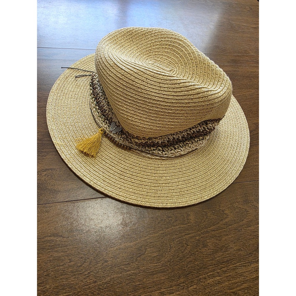 Kallina Natural Paper Straw Fedora Sun packable Hat with Tassel and Butterfly